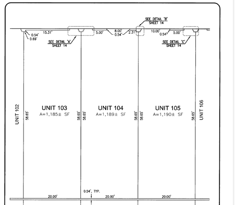 A drawing of three units with dimensions and measurements.