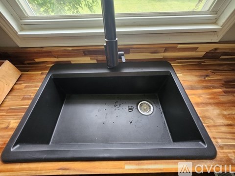 A black kitchen sink with a faucet and a window in the background.