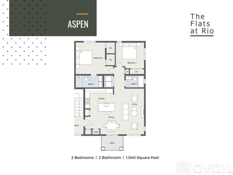 A floor plan for a 1,040 square foot apartment with two bedrooms and two bathrooms is displayed.