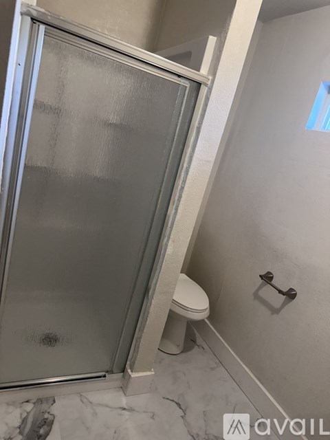 A bathroom with a toilet and a glass door shower.