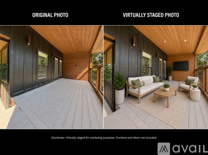 A comparison of an original photo and a virtually staged photo of a deck.