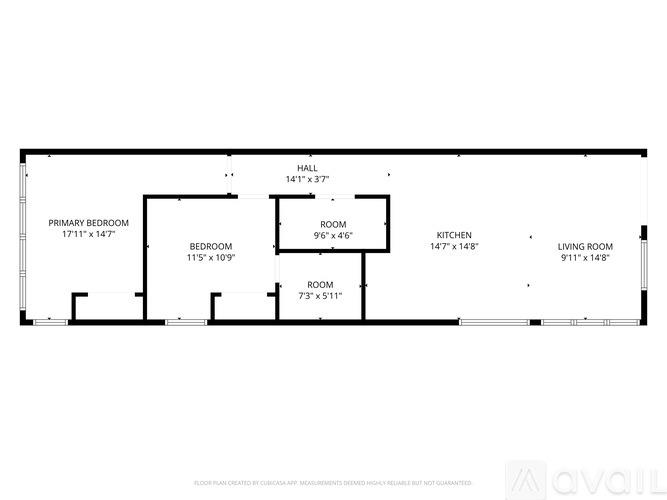 A floor plan of a house with a living room, kitchen, two bedrooms, a bathroom and a hallway.