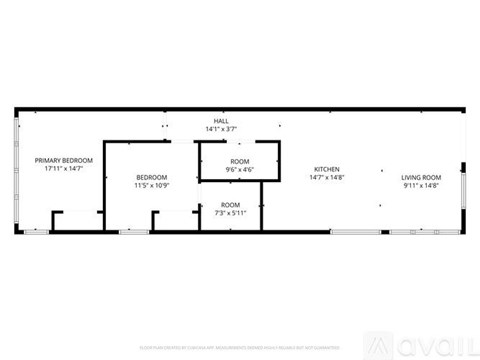 A floor plan of a house with a living room, kitchen, two bedrooms, a bathroom and a hallway.