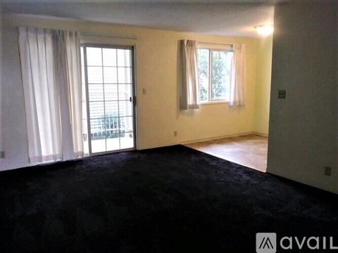 A room with a black carpet and a window with white curtains.