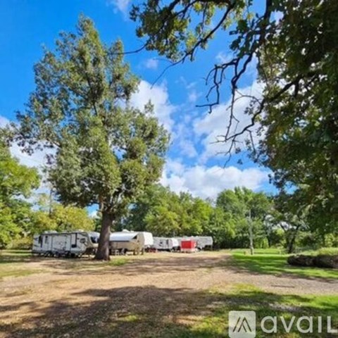 A camping area with a trailer and trees.