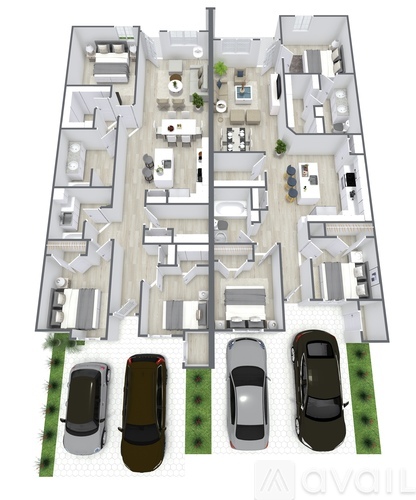 A floor plan of an apartment building with four parking spaces in front.