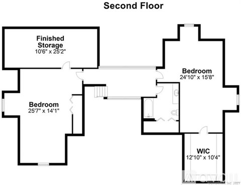 A floor plan of a second floor with three bedrooms and a finished storage area.