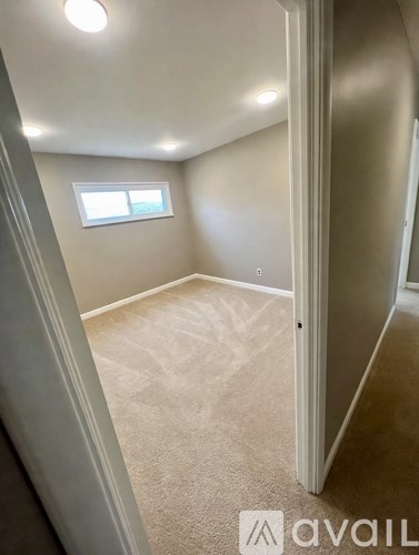 A carpeted room with a window and a door.