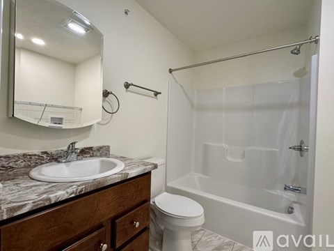 A bathroom with a marble countertop and a walk-in shower.