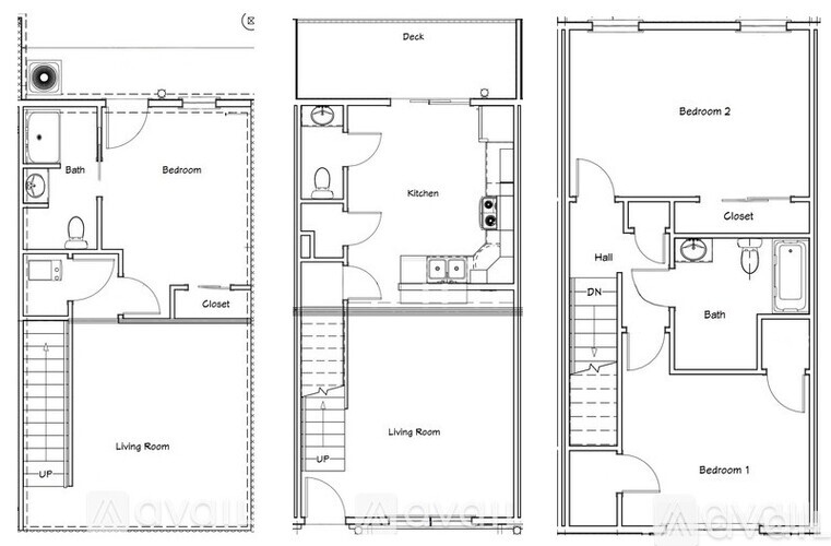 Three floor plans of a house with two bedrooms and a living room.