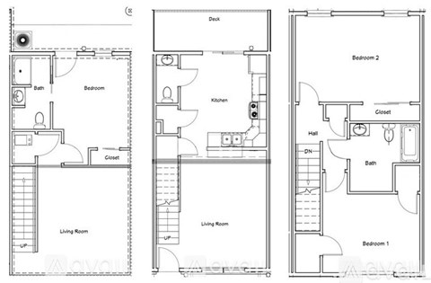 Three floor plans of a house with two bedrooms and a living room.