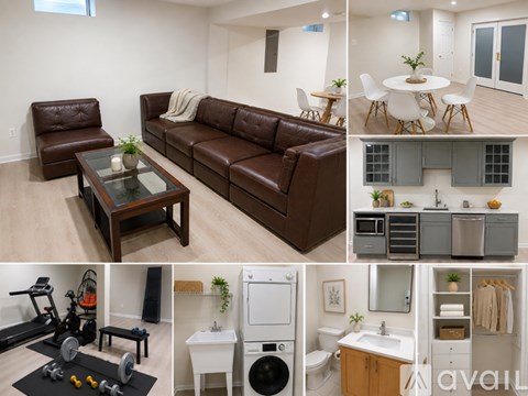 A collage of a living room, dining room, kitchen, and exercise area.
