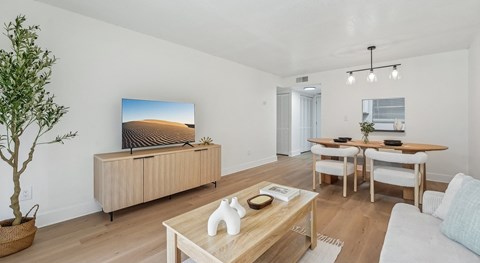 A living room with a flat screen TV, a wooden cabinet, a wooden coffee table, and a potted plant.