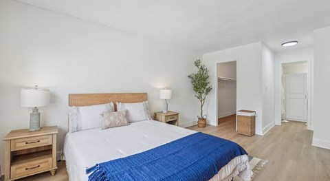 A bedroom with a bed, nightstands, and a plant.