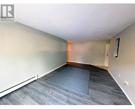 A room with a grey carpet and wooden flooring.