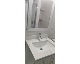 A white bathroom sink with a blue soap.
