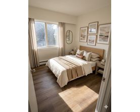 A bedroom with a large bed and a window with curtains.