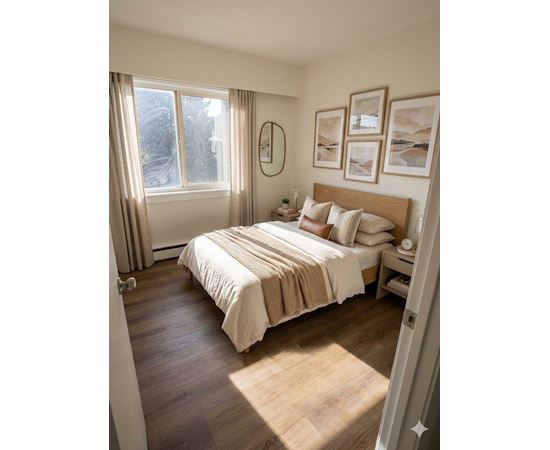 A bedroom with a large bed and a window with curtains.