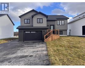 A modern house with a grey exterior and a black garage door.