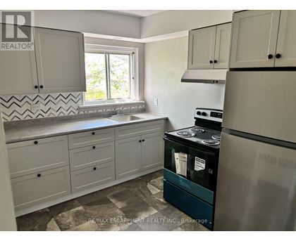 A kitchen with a black fridge and white cabinets.