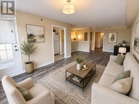 A living room with a beige couch, a coffee table, and a plant.