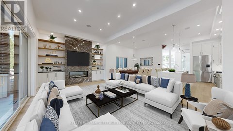 A modern living room with a white sofa set and a black coffee table.