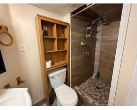 A bathroom with a toilet and a wooden shelf.