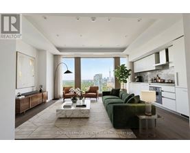 A modern living room with a view of the city.