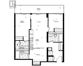 A black and white image of a floor plan for a home with a master bedroom, two living areas, a dining/kitchen area, and three bedrooms.