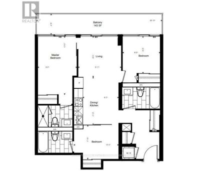 A black and white image of a floor plan for a home with a master bedroom, two living areas, a dining/kitchen area, and three bedrooms.