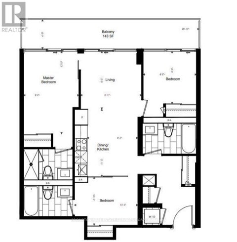 A black and white image of a floor plan for a home with a master bedroom, two living areas, a dining/kitchen area, and three bedrooms.