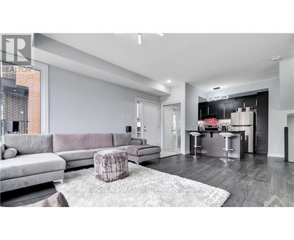 A modern living room with a grey sofa and a grey rug.
