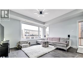 A spacious living room with a grey sofa and a white rug.