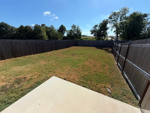 A backyard with a wooden fence and a concrete slab.