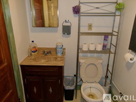 A bathroom with a toilet, sink, and a shelf with toilet paper.