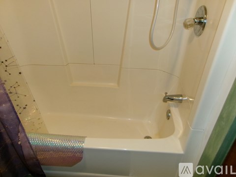 A white bathtub with a silver faucet and shower head.