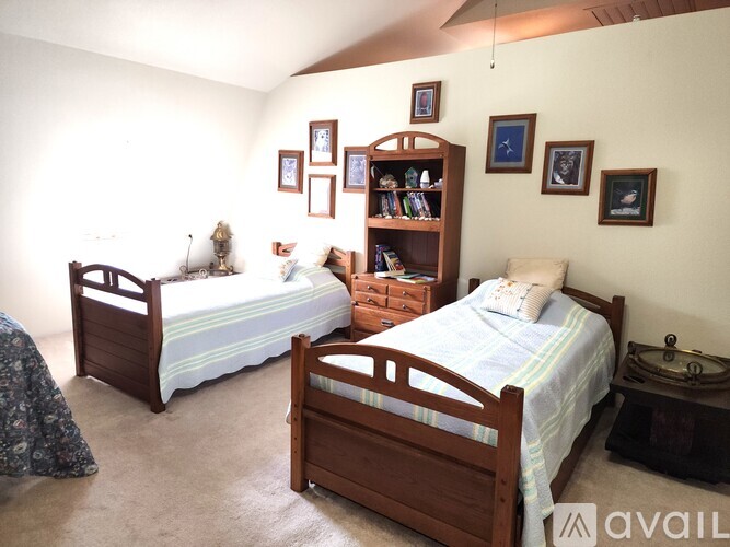 A bedroom with two beds and a bookshelf.
