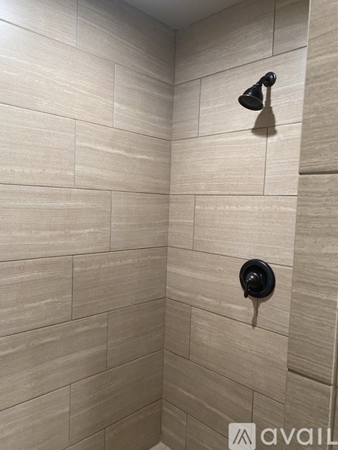 A bathroom with a black shower head and a black handle.