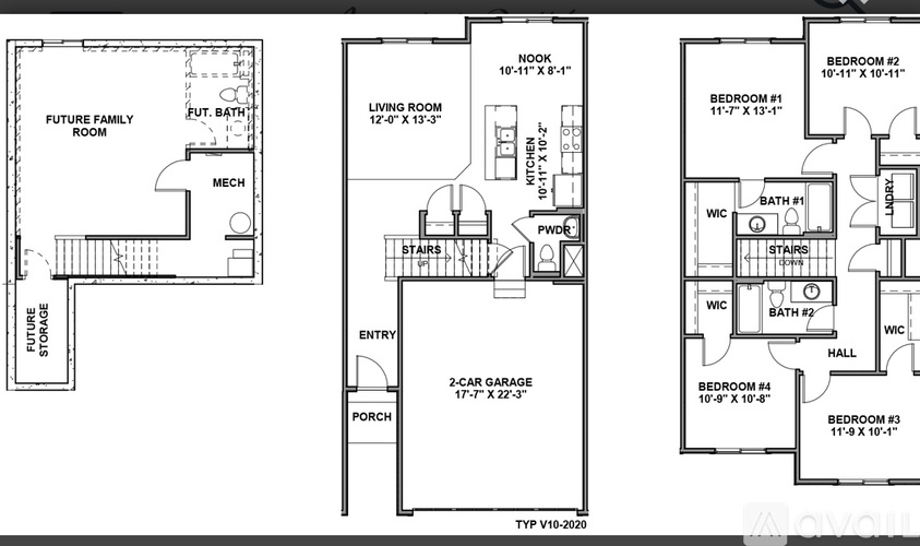 A floor plan shows a layout for a home with three bedrooms, a garage, and a living room.