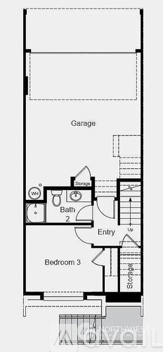 A floor plan of a house with a garage, bathroom, entry, and bedrooms.