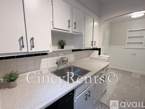 A kitchen with white cabinets and a sink.