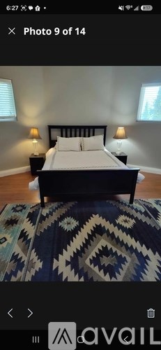 A bedroom with a large bed and a rug on the floor.