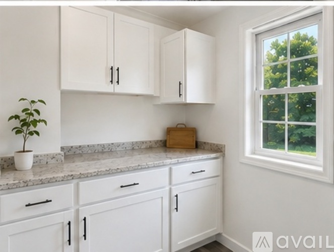 A kitchen with white cabinets and a marble countertop.