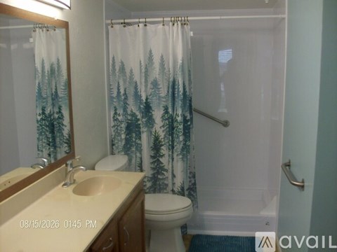A bathroom with a shower curtain that has trees on it.
