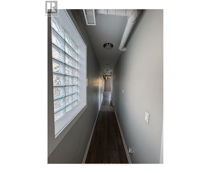 A long hallway with a row of windows on the left side.