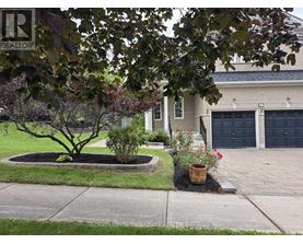 A tree in a flower bed in front of a house with a Royal LePage sign.