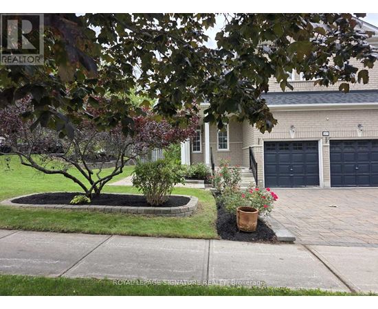 A tree in a flower bed in front of a house with a Royal LePage sign.