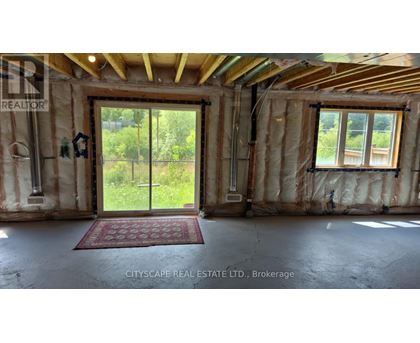 A room with a red mat on the floor and a window showing greenery outside.