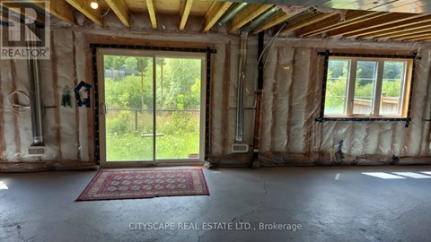 A room with a red mat on the floor and a window showing greenery outside.