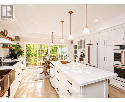 A modern kitchen with white cabinets and a large island.